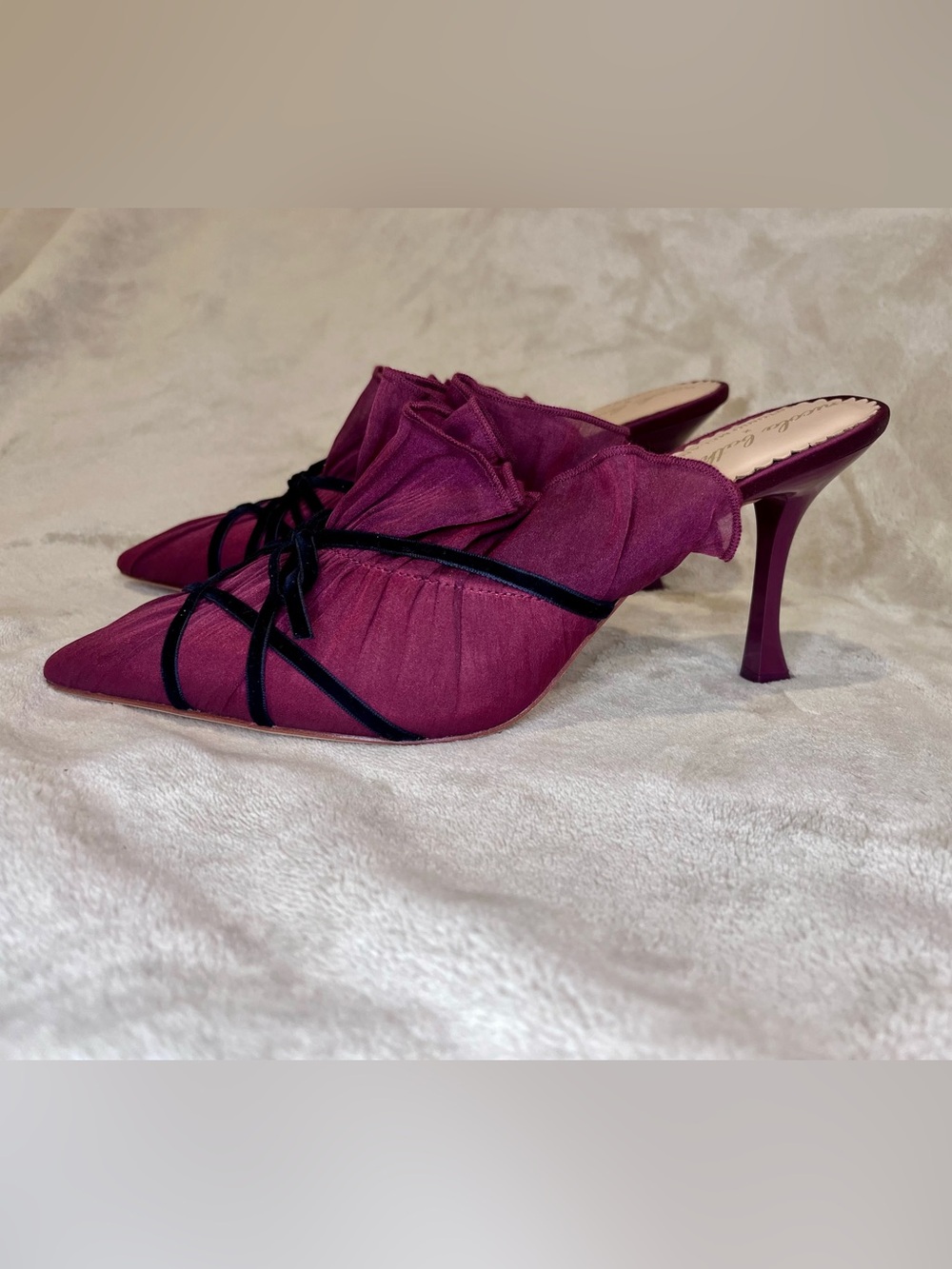 Nicola Bathie x Antonio Melani Burgundy Ruffle Mesh Mule Heels Size 10